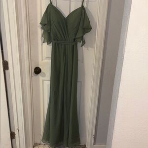 JJs House Green Maxi Dress with Off The Shoulder Flutter Sleeves